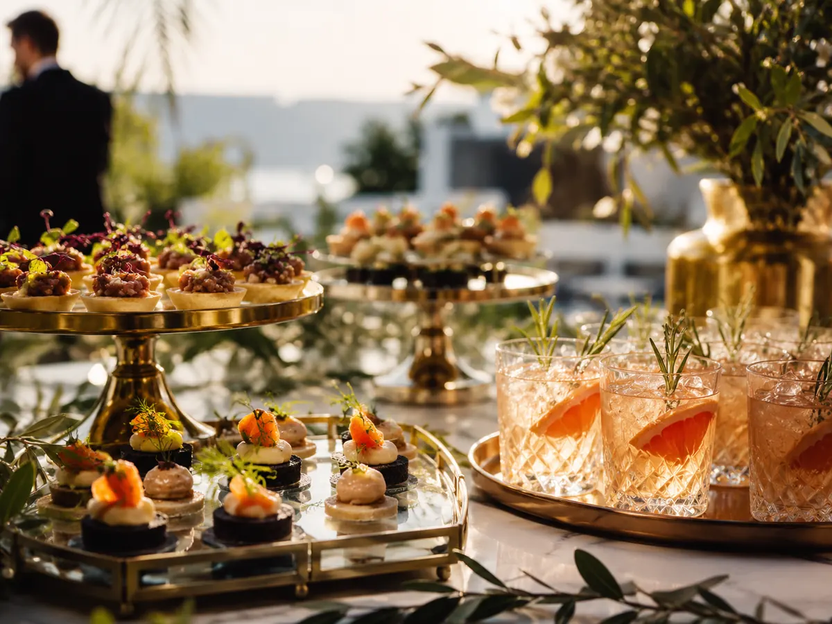 Detalle de canapés gourmet y cócteles con presentación dorada