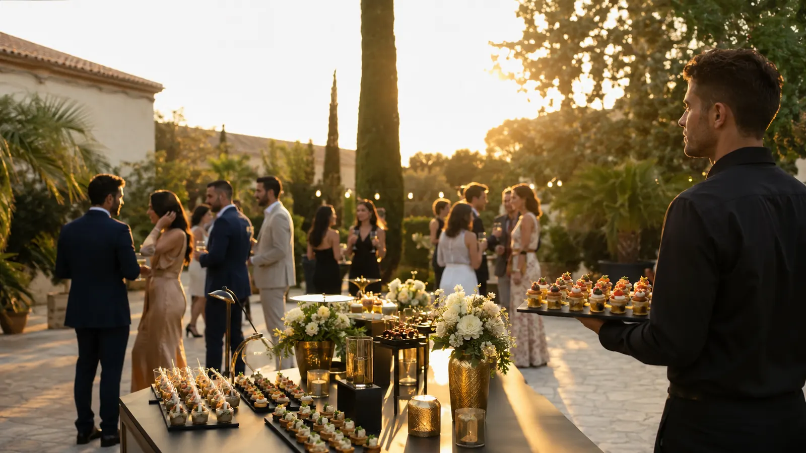 Recepción de catering premium al atardecer con servicio de canapés
