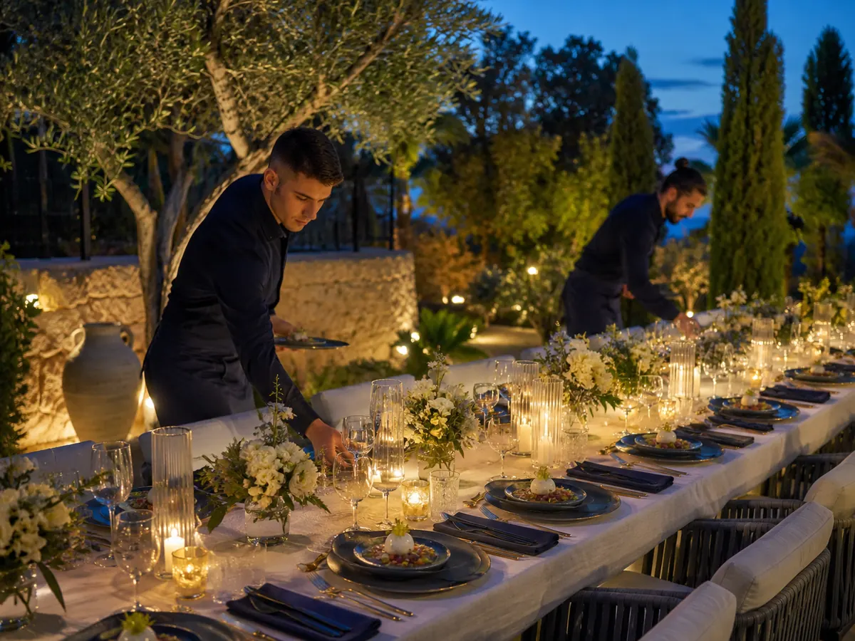 Cena privada al aire libre con montaje premium