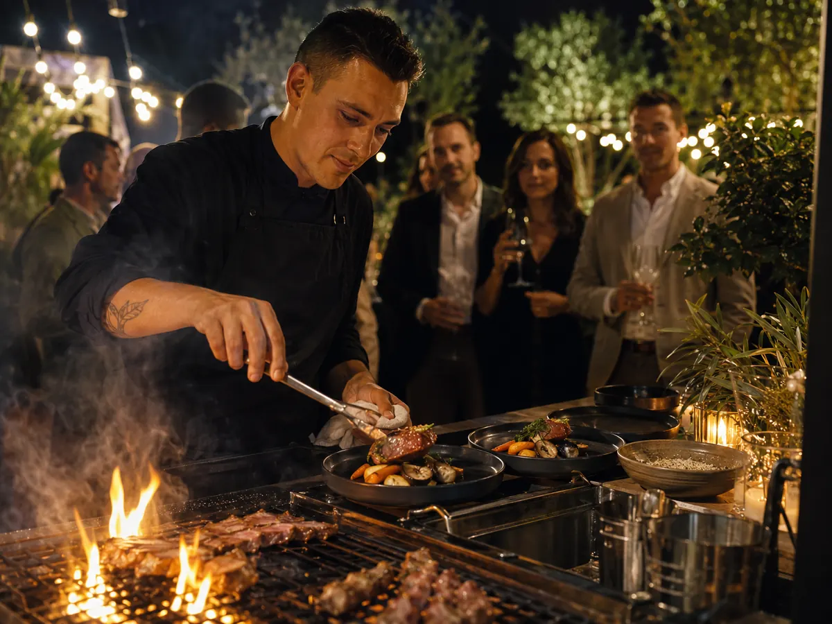 Chef cocinando en directo durante un evento de catering