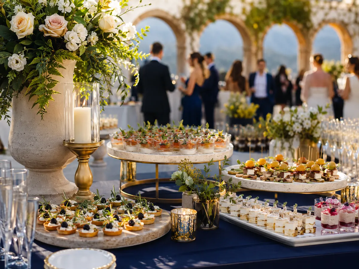 Buffet elegante para boda con canapés, flores y copas